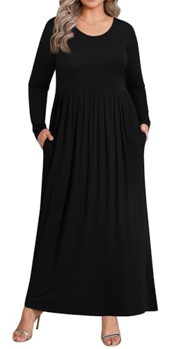 BISHUIGE 2025 Women's Plus Size Maxi Dresses Long Sleeve Casual Long Dress for Curvy Women Fall with Pockets XL-6XL 4XL, Black