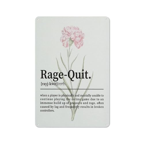 Letrero rústico de metal con la definición de 'Rage Quit' (Quitarse por rabia), ideal para decorar la pared. Póster decorativo para la habitación de niños, póster de videojuegos, arte para la habit