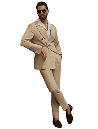 Men's Linen Peak Lapel Suit Party Leisure Two Pieces Double Breasted Buttons Tuxedo