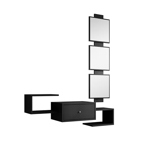 MB Muebles Bonitos, Meuble d’Entrée Mural Neo avec Miroir et Tiroir, Design Moderne Suspendu, Mélamine Mate, Couleur Noir, 99.5x145x29.5 cm
