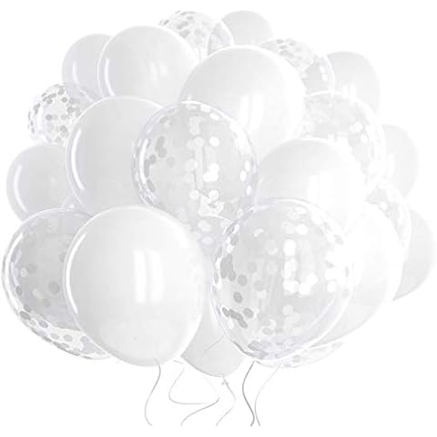 Dandy Decor 60 Pack White Balloons + White Confetti Balloons w/Ribbon | Latex Balloons 12 Inch | Balloon White | Bridal Shower Balloons | Wedding Balloons | Round Balloons | White Party Decorations | Cover