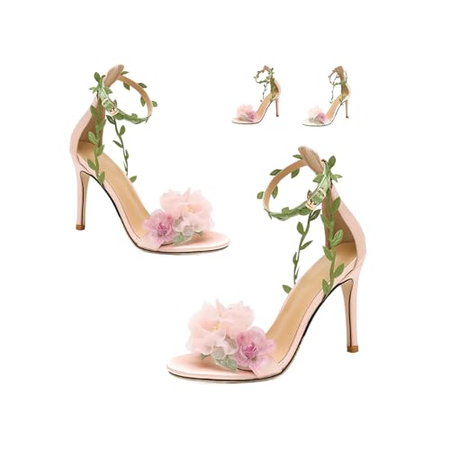 Women's Floral High Heels Pink Flower Sandals for Summer Wedding Garden Party Bridesmaid PromCocktail or Special Occasions