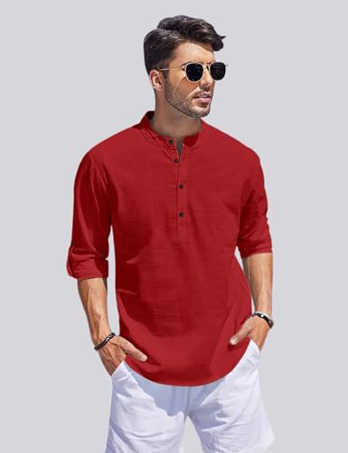 Image of Men's Cotton Blend Straight Kurta Shirt Combo with Mandarin Collar - Slim Fit Casual Short Kurti Set Featuring Textured Slub Fabric and Roll-Up Full Sleeves