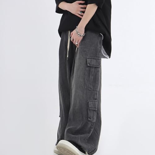 Men's Loose Fit Cargo Jeans Elastic Waist Wide Leg Denim Pants Casual Baggy Hip Hop Jean Trousers with Pockets3