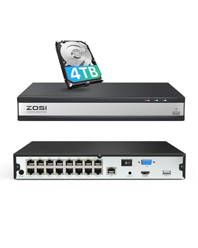 ZOSI 16 Channel Network Video Recorder, 4K 16CH PoE NVR with 4TB Hard Drive, 24/7 Recording, Smart Playback, Remote Access, H.265+, Only Work with Our Brand 2MP/4MP/5MP/8MP PoE IP Cameras