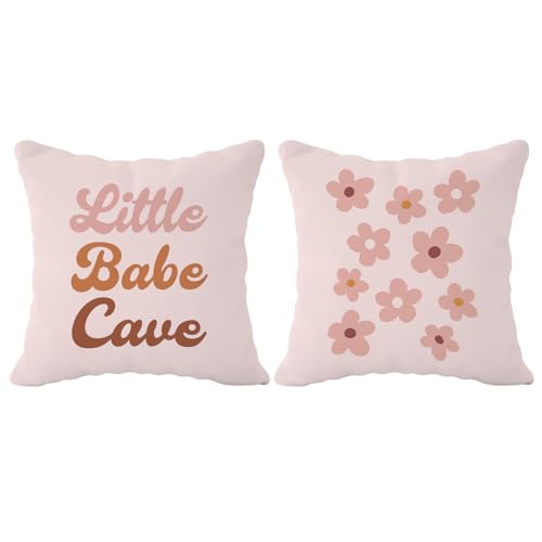 Image of FLDAS Little Babe Cave Boho Nursery Girl Quote Decorative Throw Pillow Covers,Retro Daisy Flower Pillow Case Covers for Home Kids Baby Girls Room Playroom Nursery,Kids Girls Gifts,18×18 Inch Set of 2