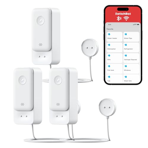 SwitchBot WLAN Wassermelder kein Hub erforderlich(nur 2.4G), Smart Wassersensor 100dB Einstellbarer Alarm & App-Benachrichtigung, IP67 wasserdicht, Wasserleck-Detektor für Zuhause mit 1m Sensorkabel