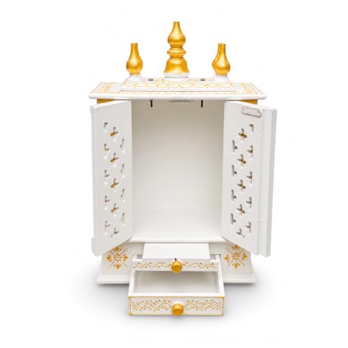 Image of Handmade Wooden Temple Mandir in White & Gold, Hand-Painted with Carved Panels; Perfect Decorative Pooja Shrine for Home or Office, 30x15x40 cm