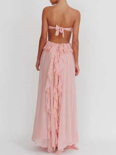 Image of Women Y2k Backless Long Dress Halter Tie Neck Maxi Dress Flowy Beach Sundress Summer Streetwear