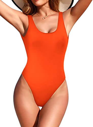 SHEKINI Traje de baño retro de una pieza con espalda baja y corte alto para mujer, Naranja fluorescente, XL