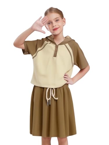 Kids Girls 2 Piece Athletic Outfit Short Sleeve Hooded Top & Mini Skirt for Sports Casual Wear Coffee 3 Years
