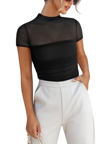 ANRABESS Womens Summer Sexy Mock Turtle Neck Short Sleeve Tops Sheer Mesh Shirts Slim Blouse Trendy Ruched Going Out Outfits