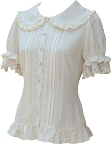 Women's Sweet Lolita Shirt Short Puff Sleeve Flower Embroidered Peter Pan Collar White Ruffle Blouse (L)