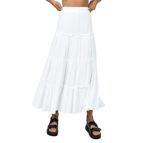 Womens Flowy Maxi Skirt Summer Boho Elastic High Waist A-Line Beach Swing Ruffle Hem Tiered Long Skirt