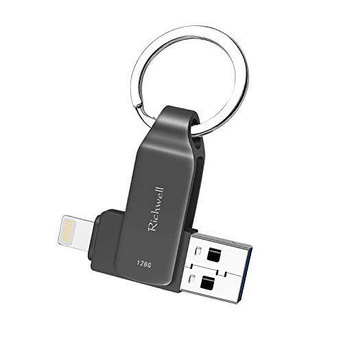USB Flash Drive 128GB Thumb Drive for iPhone Memory Stick USB3.0 for iPad Photo Stick 3in1 External Drive Richwell for Apple iPhone iPad iOS Mac Android and PC(03Black128G)
