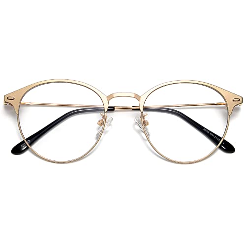 ブルーライトカット メガネ 伊達メガネ 丸メガネ ファッション ボストン型 メタルフレーム 男女兼用 超軽量 透明レンズ 度なし ゴールド