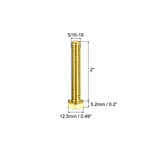 Image of uxcell Brass Hex Bolts, 5 /16-18x2 5pcs Fully Thread Grade 4.8 Solid Brass Hexagon Head Bolt Machine Screws for Machinery