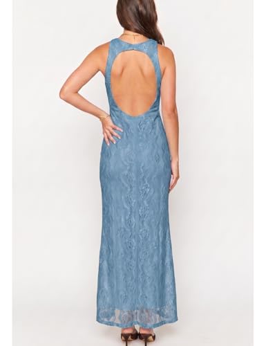 Image of Elegant Lace Floral V Neck Backless Bodycon Dresses for Women Sexy Cut Out Low Back Sleeveless Maxi Dress Wedding Guest