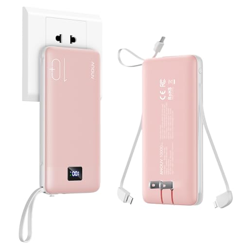 ANOUV Portable Charger with Built-in Cables&AC Wall Plug,10000mAh Power Bank,PD 22.5W USB-C Fast Charging External Battery Pack with LED Display Compatible with iPhones and All Smart Device（1 Pack）