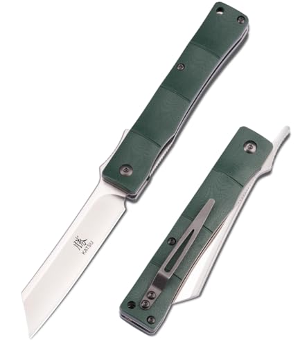 KATSU Folding Pocket Knife with Clip D2 Steel Blade,Handmade Camping Knives for Men Liner Lock G10 Handle Anti-slip Bamboo Style,Japanese Sharp Edc Pocket Knife with Sheath Hiking higonokami