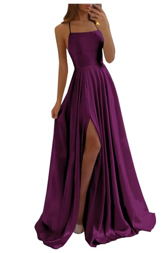 Elegant Bridesmaid Dresses for Big Women Long Spaghetti Straps Satin Silk Formal Party Dress with Pockets Plum Size 4