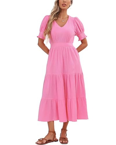 Image of YEXPINE Women's Cotton Tiered Midi Dress Short Sleeve V Neck Elastic Waist Casual Long Flowy Summer Dress