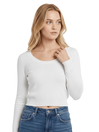 Image of Women's Crop Top Stretch Sweater - Long Sleeve Slim Bodycon Crewneck Casual Basic Solid Cropped Knit Pullover Top