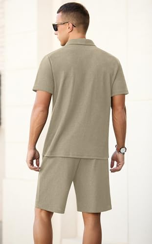 PrinStory Men's Summer Outfits Waffle Knit Polo Shirt and Shorts Set 2 Pieces Casual Tracksuit with Pockets 6