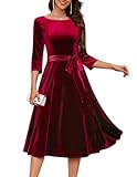DRESSTELLS Dark Red Christmas Dresses for Women, Vintage Velour Wedding Guest Cocktail Party Evening Prom Long Sleeve Fit Flare Holiday Winter Dress XL