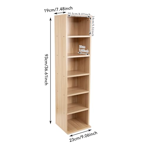 CD Storage Tower, Narrow Storage Unit, 6 Tier Cube Bookcase, White Wooden Standing Shelving Unit, DVD Display Shelves, Space-Saving Storage Organizer For Office, Living Room, Bedroom (Log color) - Image 2