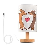 YYZZH Wiener Dog Dachshund Love Heart Table Lamp with Wood Base and Linen Fabric Shade, Red, 13 cm x 24.7 cm, LED, USB, Bedroom, Living Room, Office