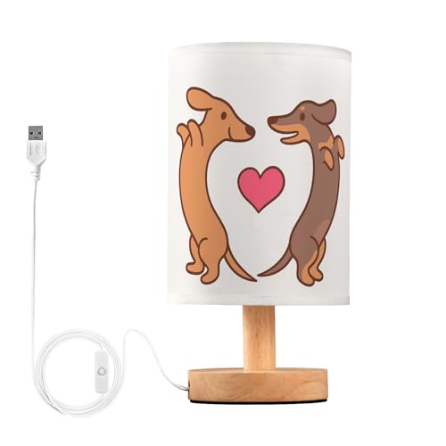 YYZZH Wiener Dog Dachshund Love Heart Table Lamp with Wood Base and Linen Fabric Shade, Red, 13 cm x 24.7 cm, LED, USB, Bedroom, Living Room, Office