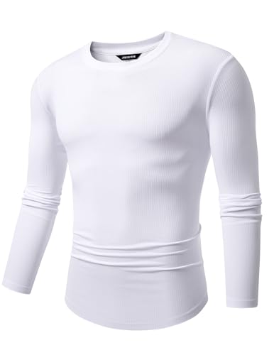 JMIERR Mens Shirts Casual Crewneck Muscle Slim Fitted Workout Gym Athletic T-Shirts Fall Fashion Long Sleeve Shirt for Men, M, White