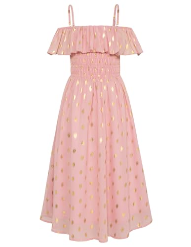 GRACE KARIN Girls Off Shoulder Dress Sleeveless Ruffle Spaghetti Straps Smocked A-Line Chiffon Dress 5-14Y