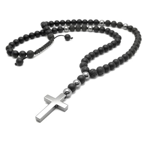 Onyx Matt Schwarz Halskette Y-kette Kreuz Hämatitstein Lavastein...