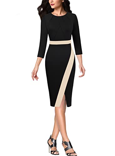 VFSHOW Womens Pleated Crew Neck Front Slit Work Business Office Bodycon Sheath Pencil Dress2