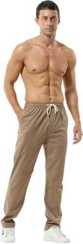 HOEREV Men Casual spodnie z lnu, swobodny styl, doskonałe na plażę, brązowy, L