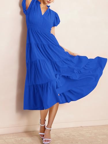 Image of Wenrine Womens Summer Midi Dress A-Line Puff Short Sleeve V Neck Dresses