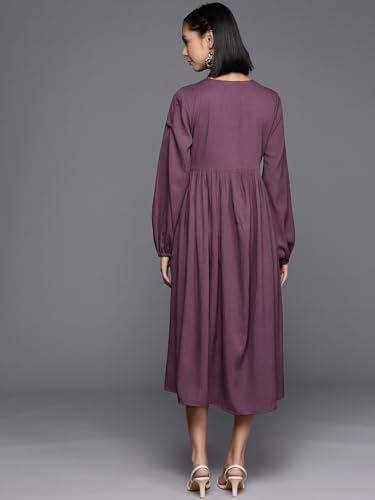Image of Varanga Women Mauve V-Neck, Bishop Sleeves, Gathered Details Calf Length A-Line Dress, Flared Hem