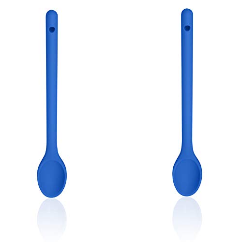 long silicone mixing spoon - Stirring Spoons for Cooking, Silicone 12 Inch Long Handle Spoon, Nonstick Mixing Spoons for Cooking, Silicone Stirring Spoons (Blue) BPA Free, Nontoxic Heat Resistant Spoons Set of 2