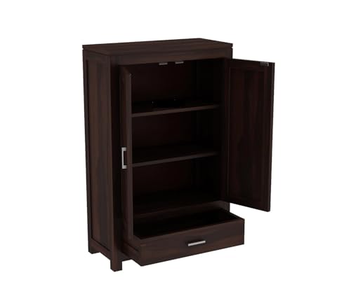Image of Sheesham Wood Wooden 2 Door Wardrobe Organizer for Clothes | - Solid Wood Almirah with 1 Drawers, 3 Shelves - Cupboard for Large Bedroom, Walnut Finish