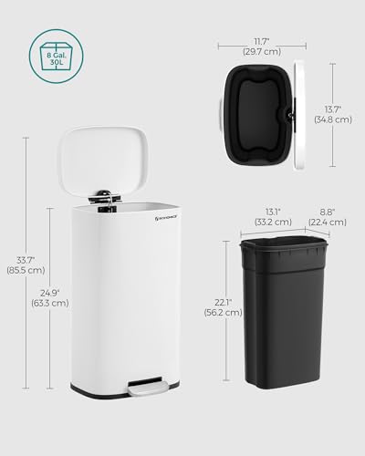 SONGMICS Kitchen Bin 8 Gallon (30 L), Pedal Rubbish Bin, Soft Close, Step-On Pedal, Steel, Inner Bucket, White LTB03WT