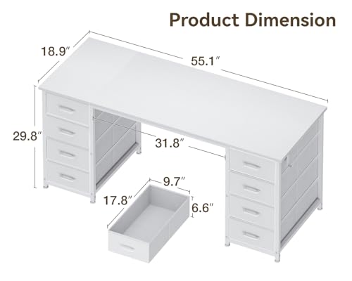 ODK 55 Inch Computer Desk with 8 Fabric Drawers, Modern Office Desk with Large Storage for Home Office, Study, Gaming, White