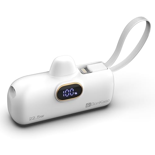 Image of BonKaso 5000mAh Mini Power Bank 22.5W PD Fast Charging, USB-C Type-C Input /Output, Built-in i5 Cable, Digital LED Display, Compact Pocket Portable Charger for iPhone & Android - White