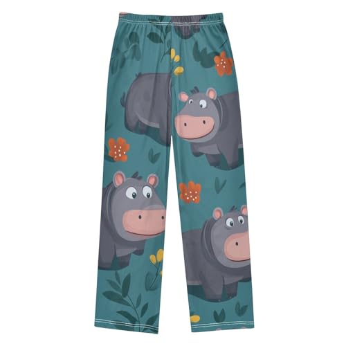 Cartoon Hippo Floral Boys Long Pants Soft Trousers Elastic Waist Kids Lounge Bottoms with Pockets S-XL2