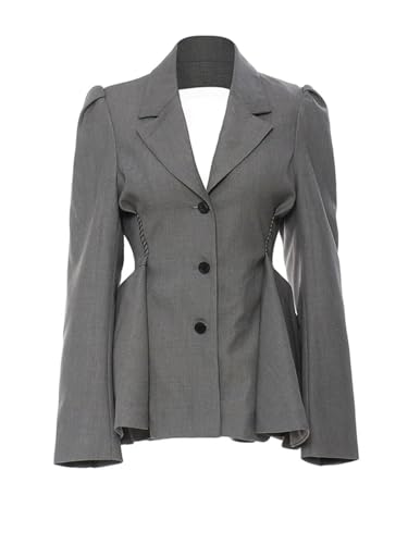 Women's Gray Backless Mesh Ruffled Blazer Lapel Long Sleeve Loose Jacket