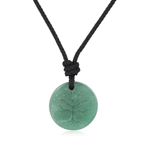 COAI Tree of Life Necklace Green Aventurine Pendant, Adjustable Nylon Cord/Leather Necklace for Men Women