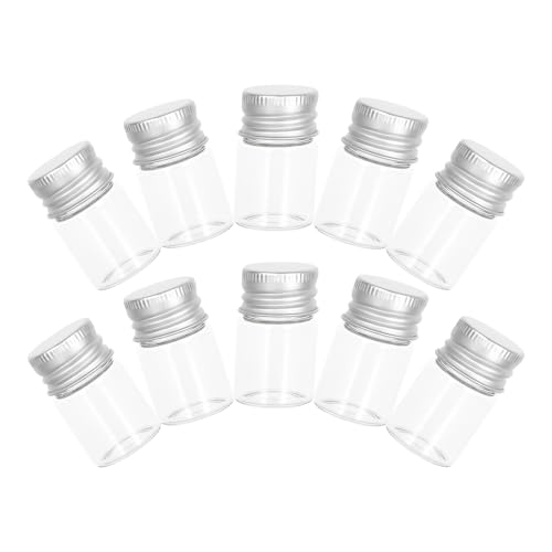 LALADEFIEE Lot de 10 Mini Flacons en Verre 7 ML avec Bouchons à Vis en Aluminium Argenté Petites Bouteilles pour Liquide et Poudre Contenants Compacts pour Voyage, Pharmacie et Usage