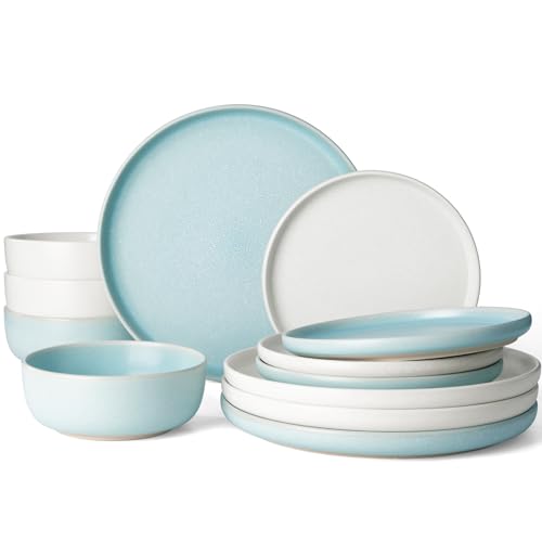 Image of Famiware Milkyway Plates and Bowls Sets, 12 Pieces Dinnerware Sets, Reactive Glaze Dish Set, Stoneware Dishes Set for 4, Matte Beige White & Light Blue