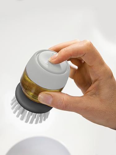 Joseph Joseph Palm Scrub Refillable Soap Dispensing Cleaning Washing Up Kitchen Brush with Storage Stand Holder, Grey